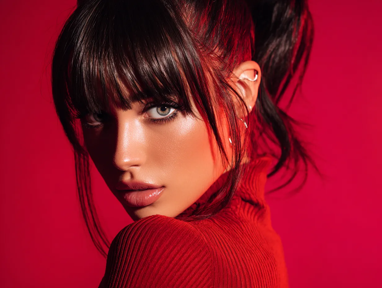 Trendy wispy bangs on a woman with a ponytail