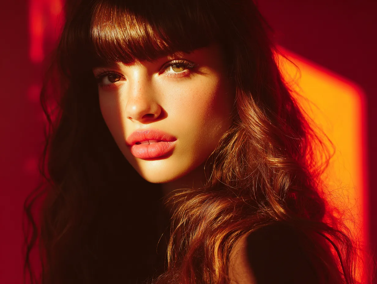 Elegant skinny fringe styling on long wavy hair