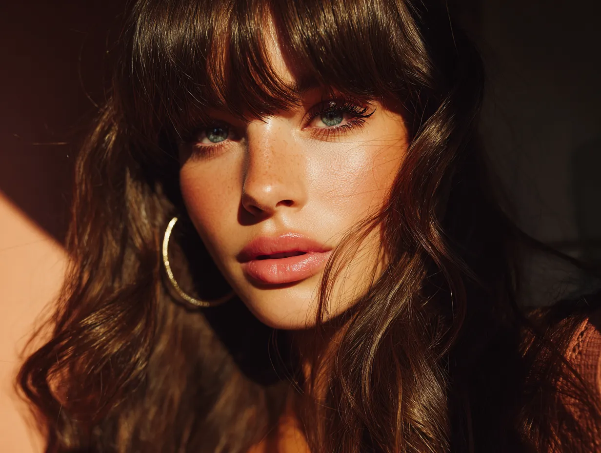 Woman with wispy bangs and high fashion look