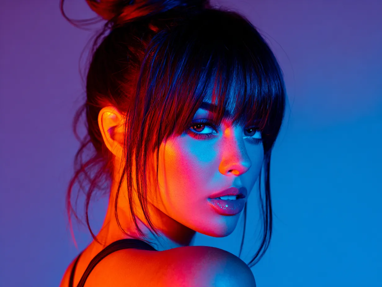 Model showing off thin bangs with sharp focus