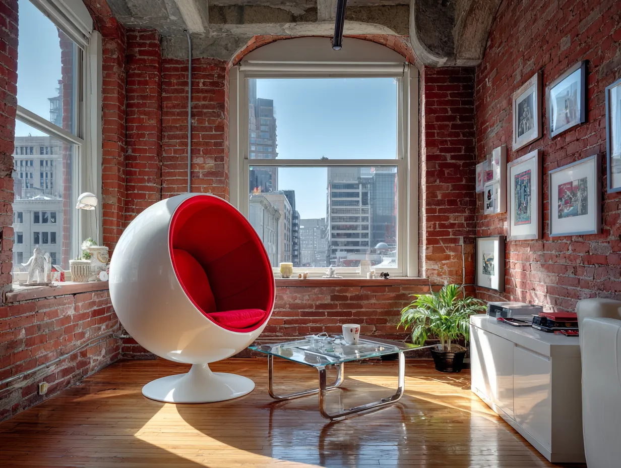 High-contrast industrial interior with chrome and fiberglass furniture