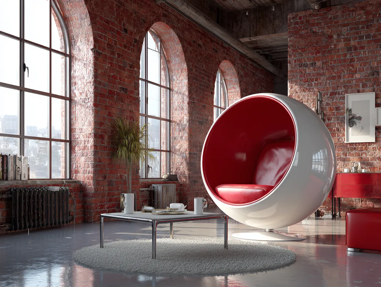 Industrial loft featuring white Space Age ball chair