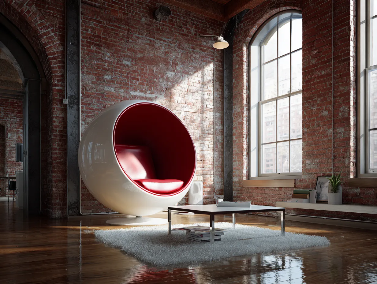 Retro futuristic furniture in a brick wall loft