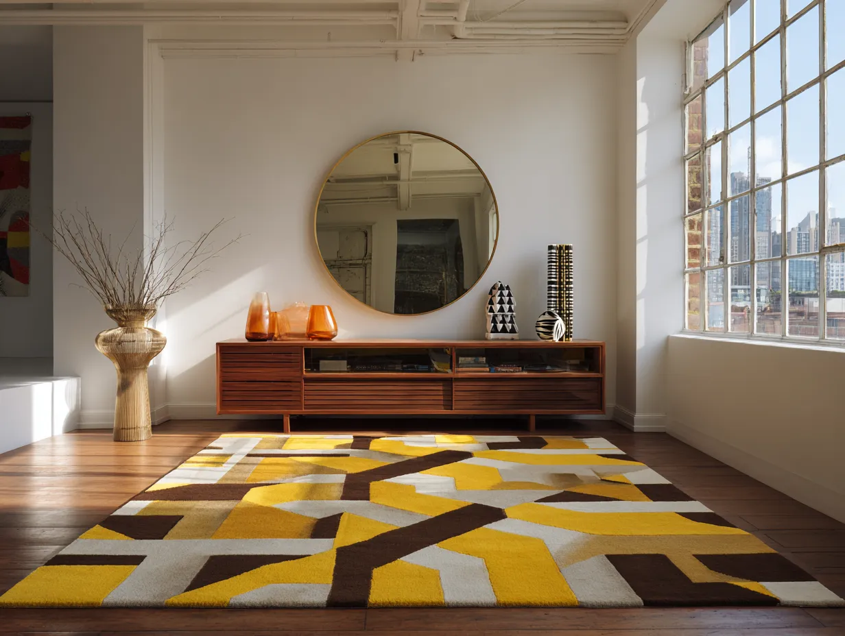 Retro geometric decor in a bright modern loft space