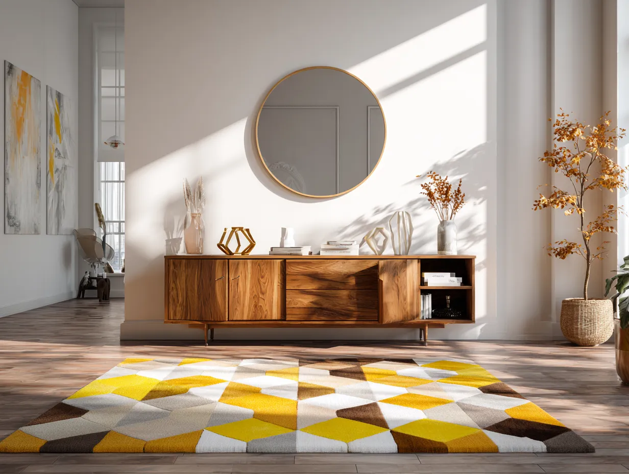 Geometric wall art and patterns in a sunny loft interior