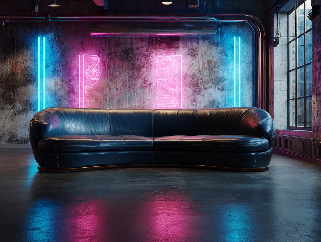 Modern retro loft interior with pink neon wall art