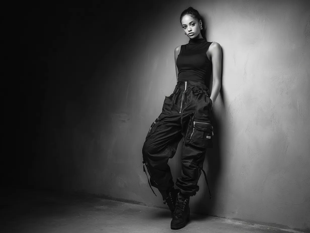 Luxury cargo pants with high contrast lighting