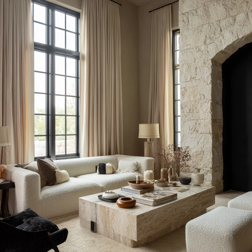 Interior featuring heavy linen drapery and a cozy natural aesthetic
