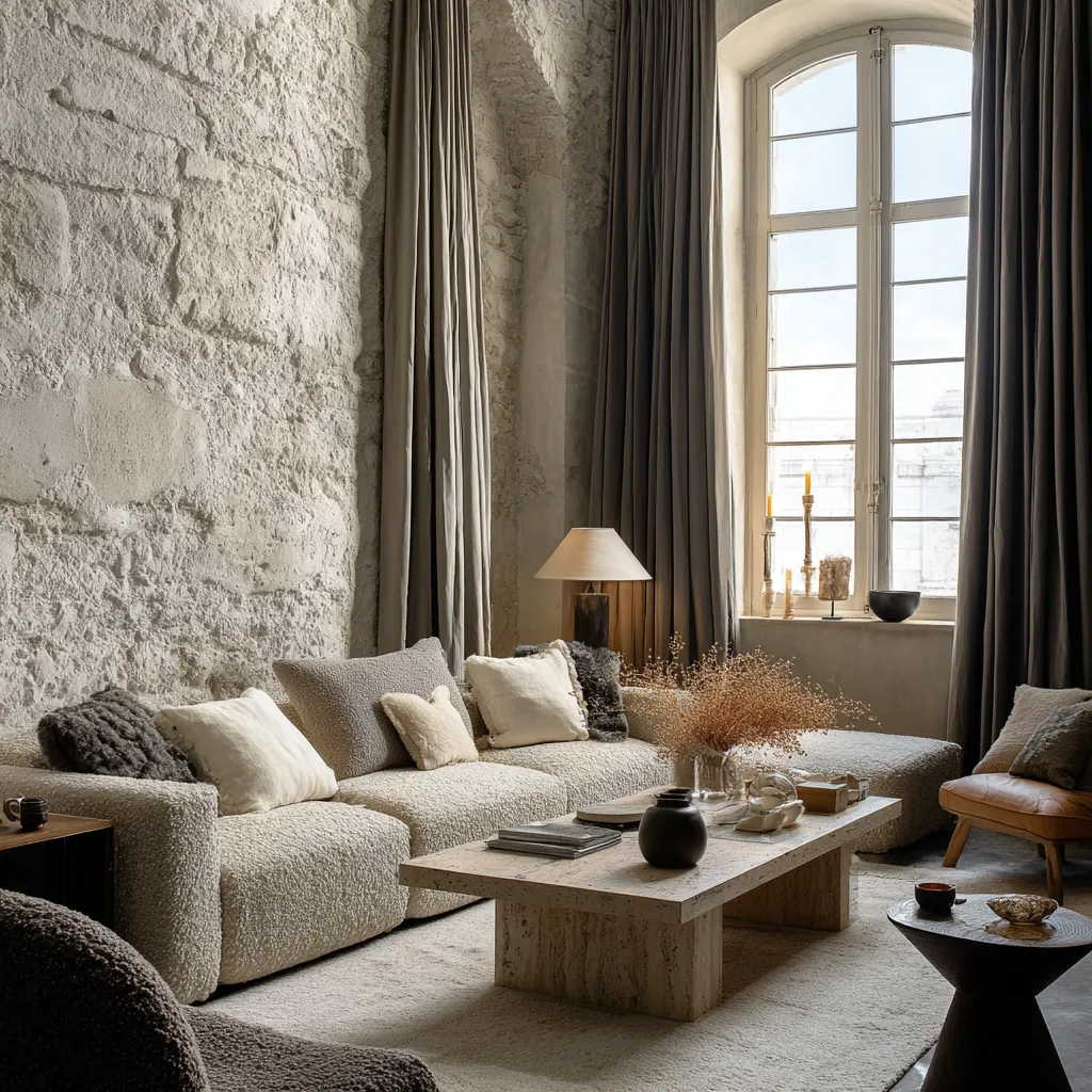 Bright living room showcasing textured minimalism with plaster walls