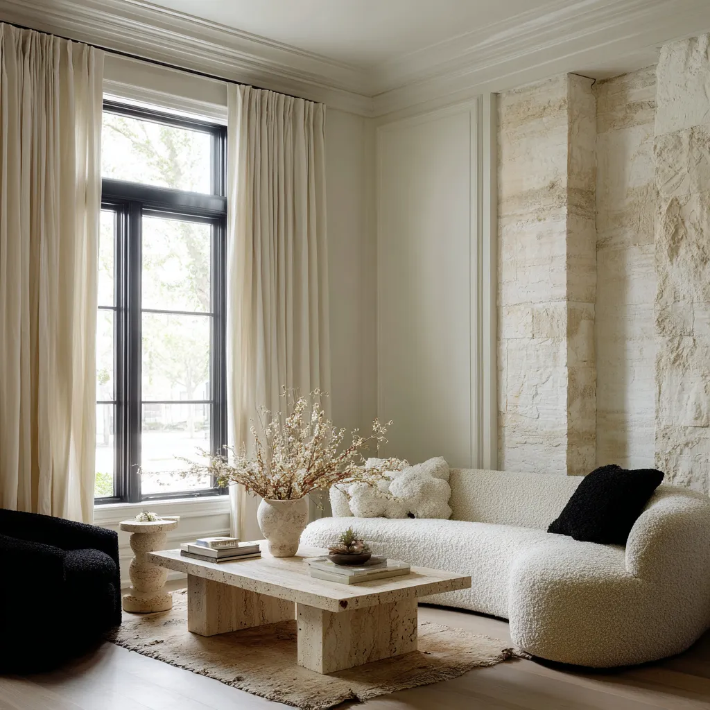 High contrast space replacing the all white look with warm materials