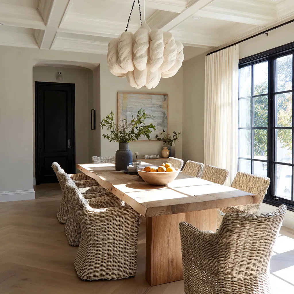 Dining room utilizing textured minimalism over stark flat designs