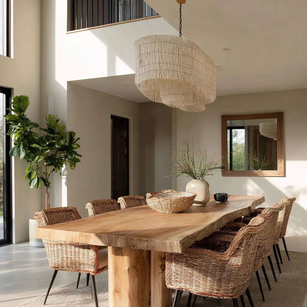 Woven rattan chairs and raw oak table in a modern setting