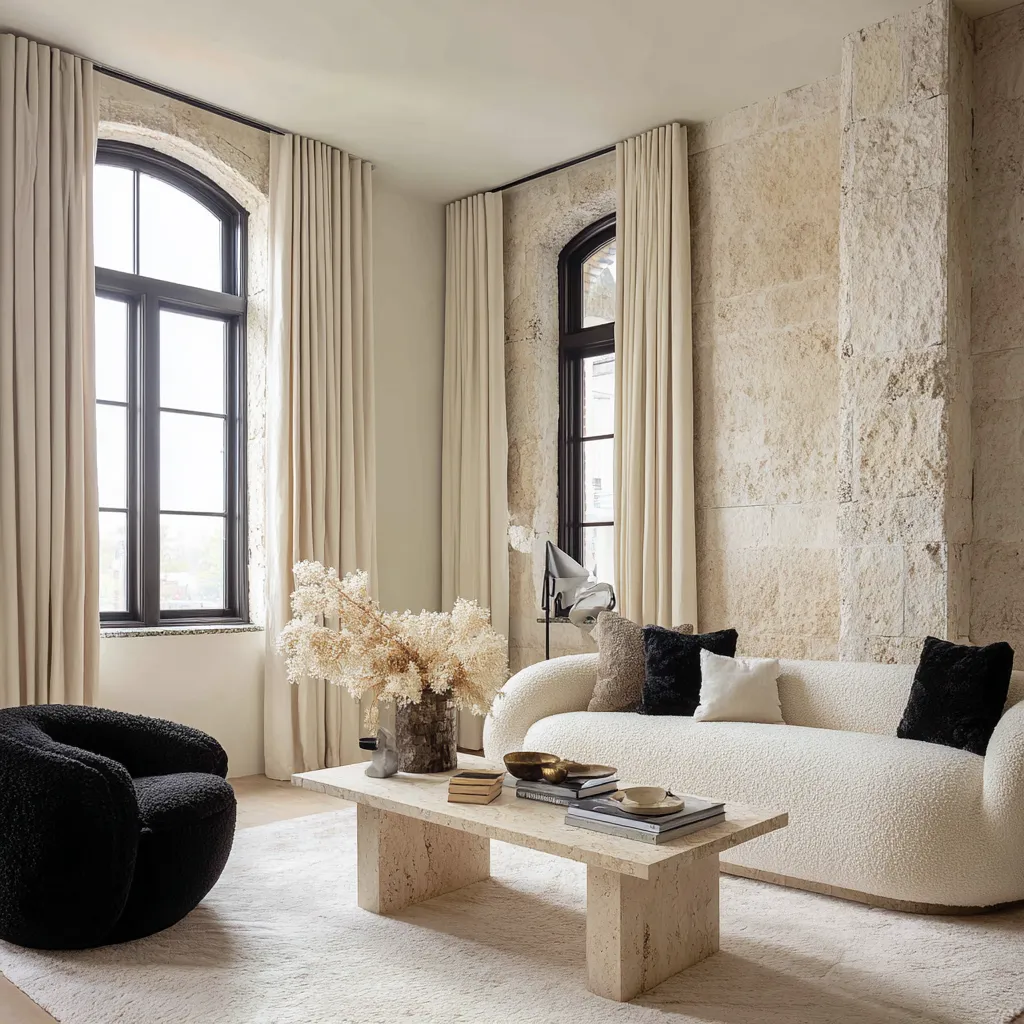Modern home highlighting tactile surfaces like bouclé and raw stone