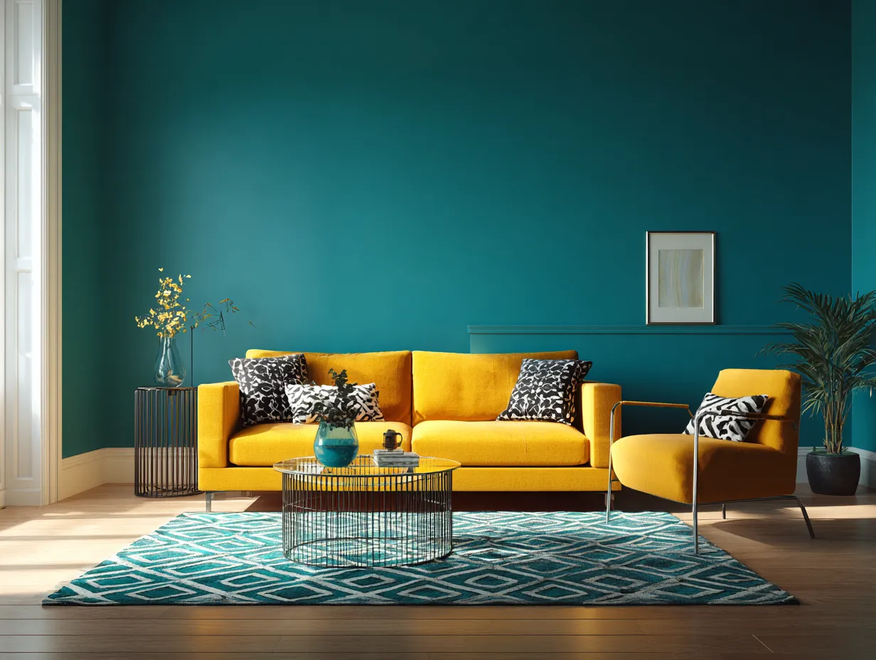 Vibrant teal walls in a modern living room setting