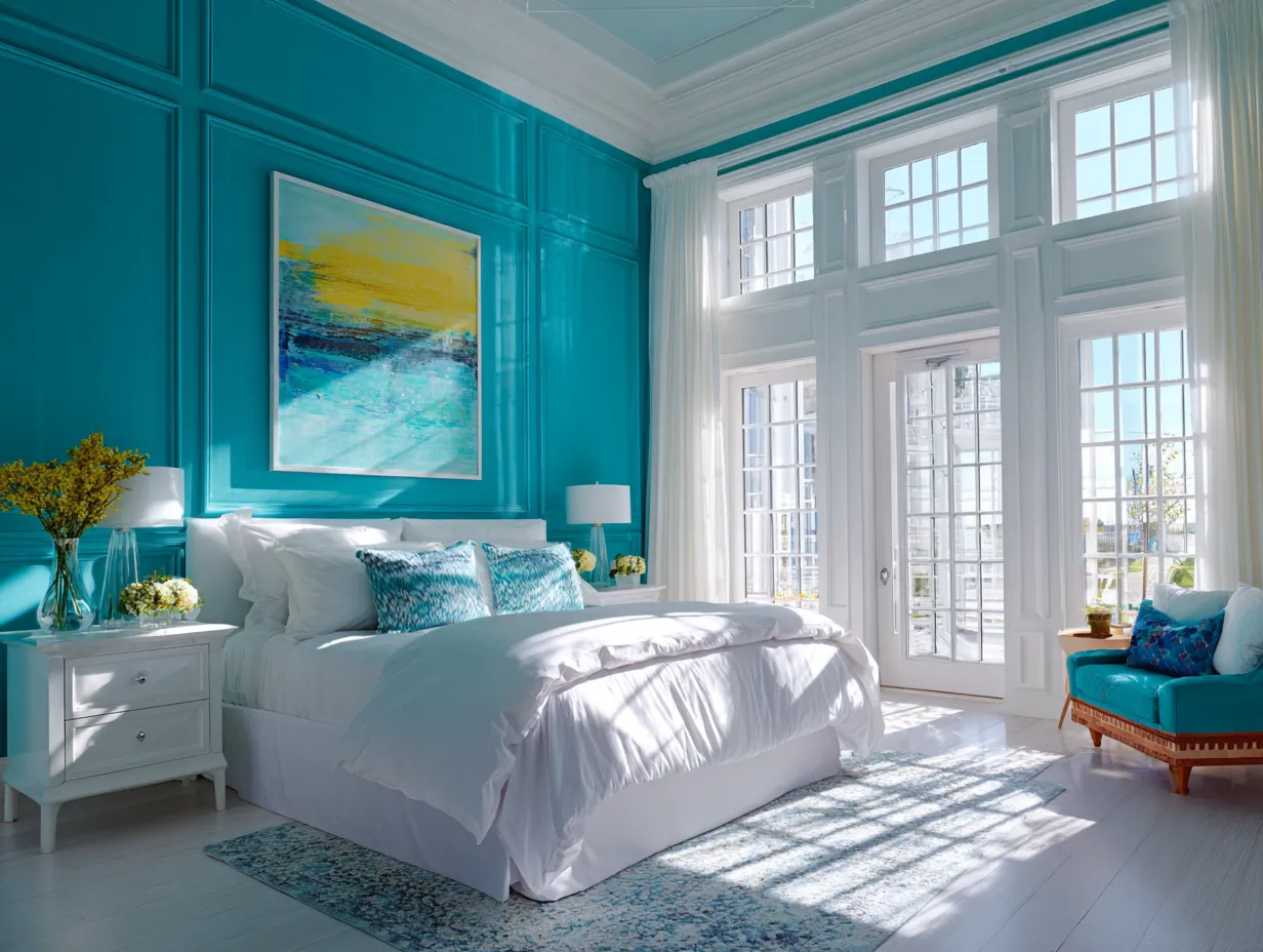 Sharp high contrast bedroom decor featuring trendy hues