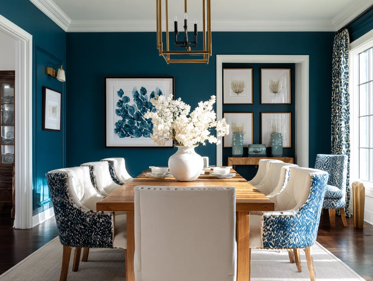 Deep blue green paint paired with warm oak dining table