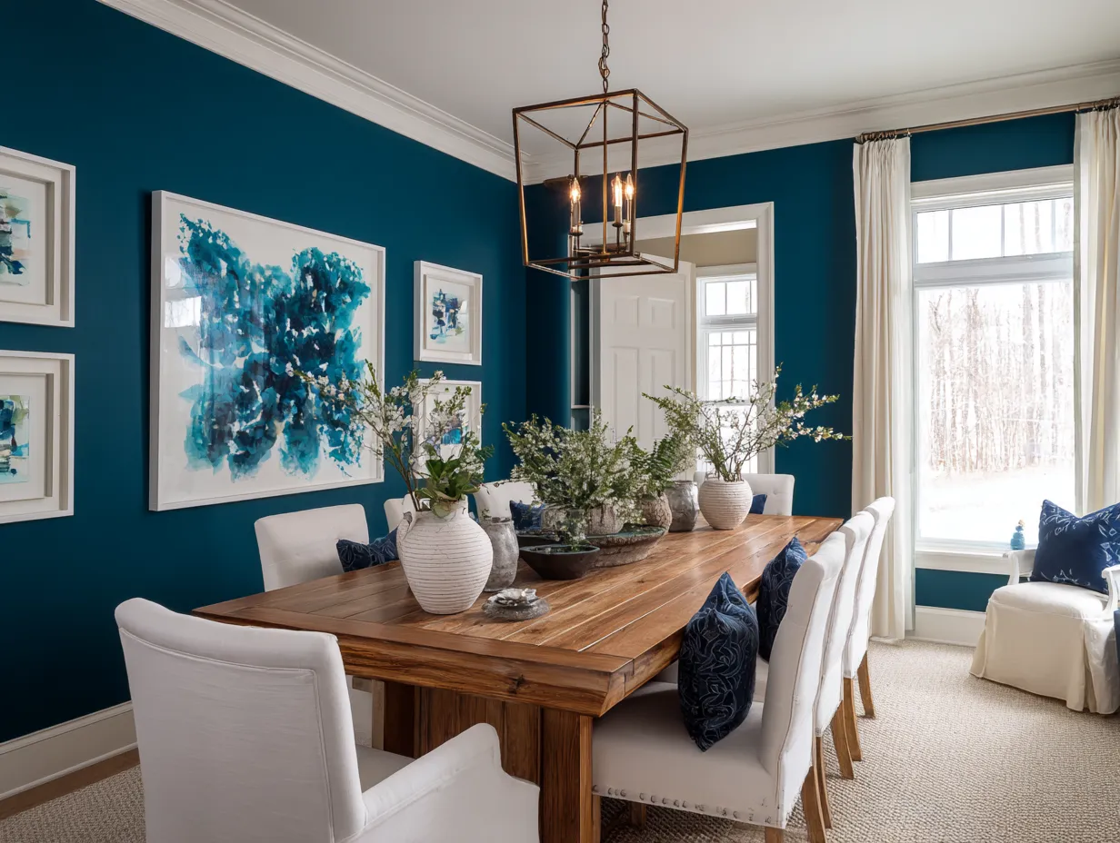 Rich walls in a brightly lit modern dining room setting