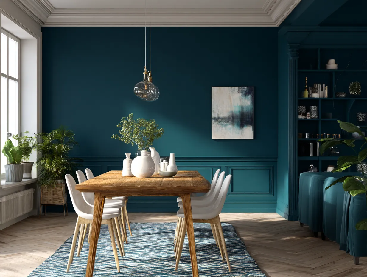 Combining wood tones with trendy saturated paint colors