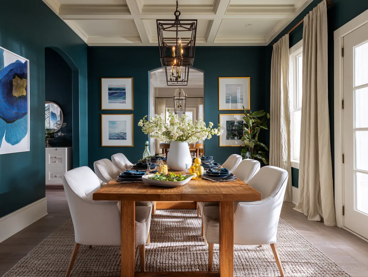 Warm wood furniture contrasting against a vibrant backdrop