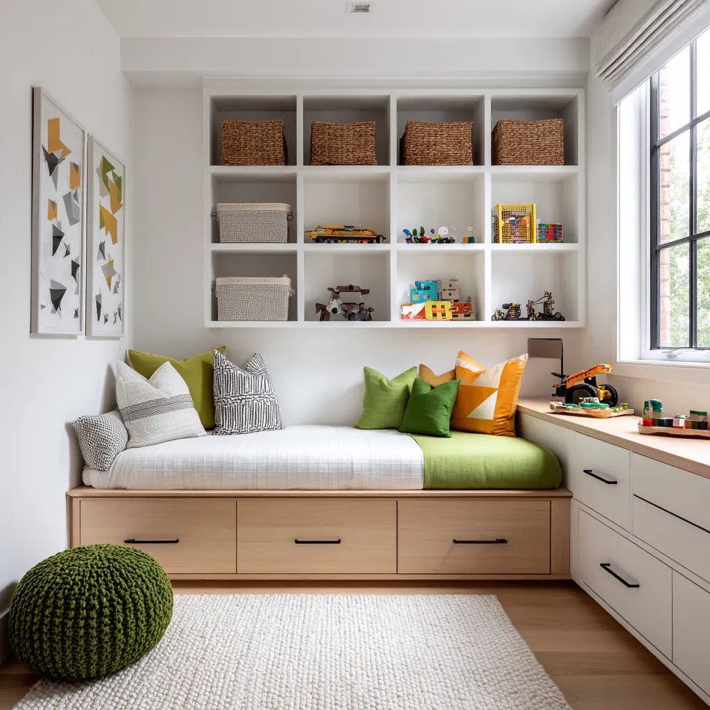 organized stylish kids room with storage furniture