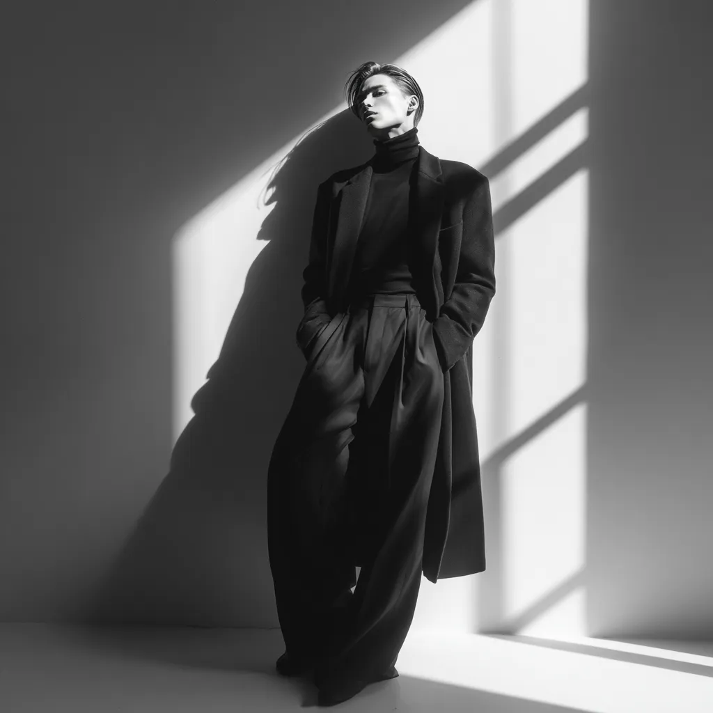 modern gender neutral fashion with wide-leg trousers and turtleneck