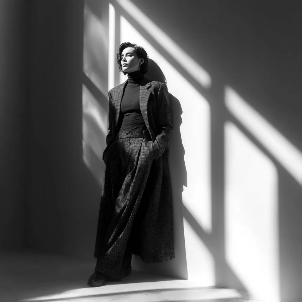 high-contrast studio image of unisex capsule wardrobe outfit