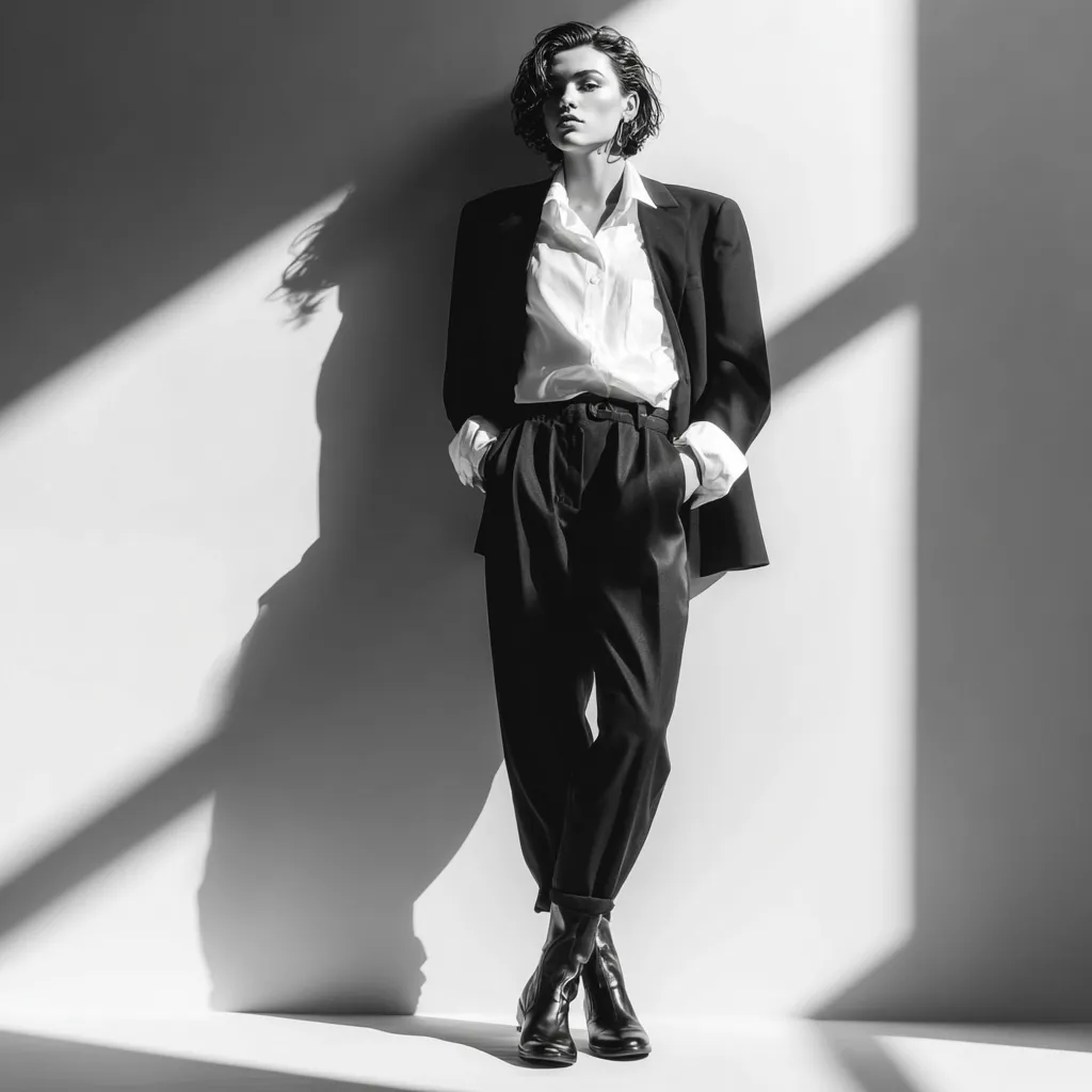 sleek gender inclusive capsule wardrobe outfit in bright studio lighting