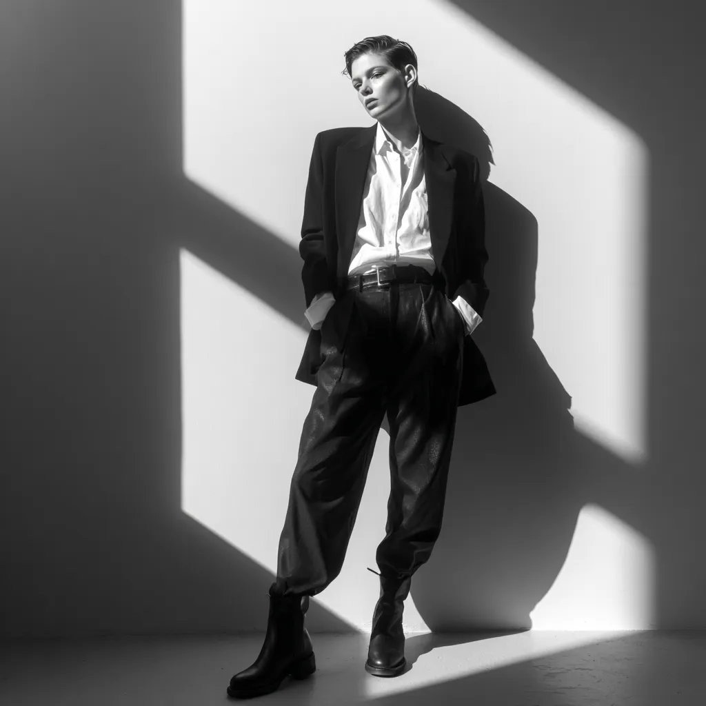 minimalist unisex capsule wardrobe outfit with tailored blazer and trousers