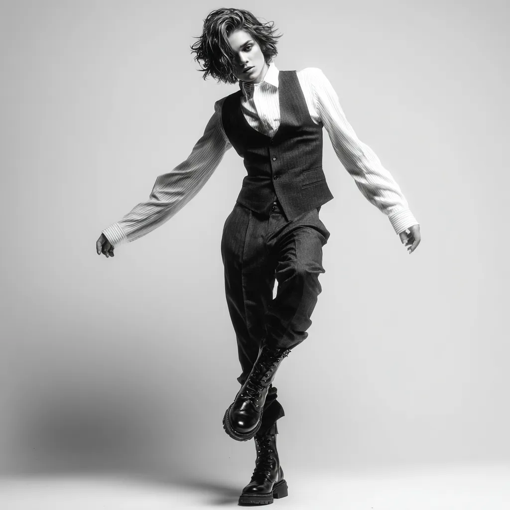 sleek androgynous fashion styling with statement boots