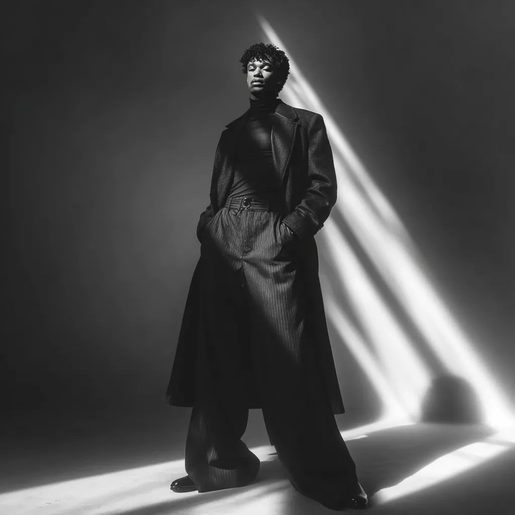 androgynous fashion model in monochrome capsule wardrobe look