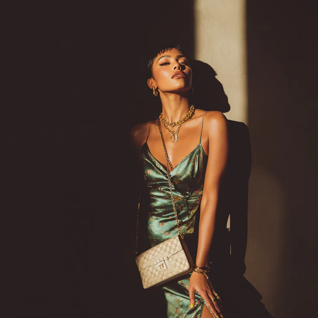 High-contrast magazine photoshoot showing luxury jewelry and budget fashion