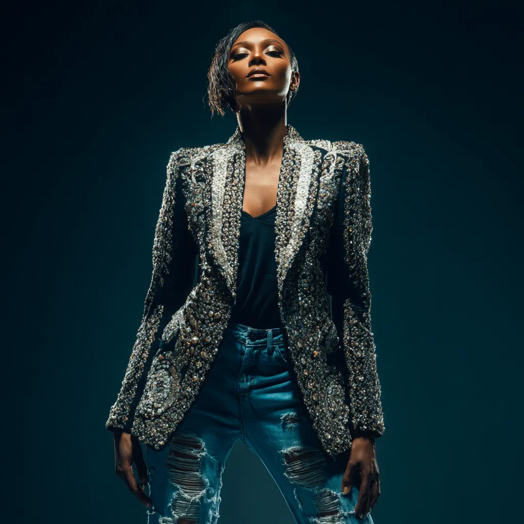 Fashion photoshoot highlighting luxury and budget clothing combinations