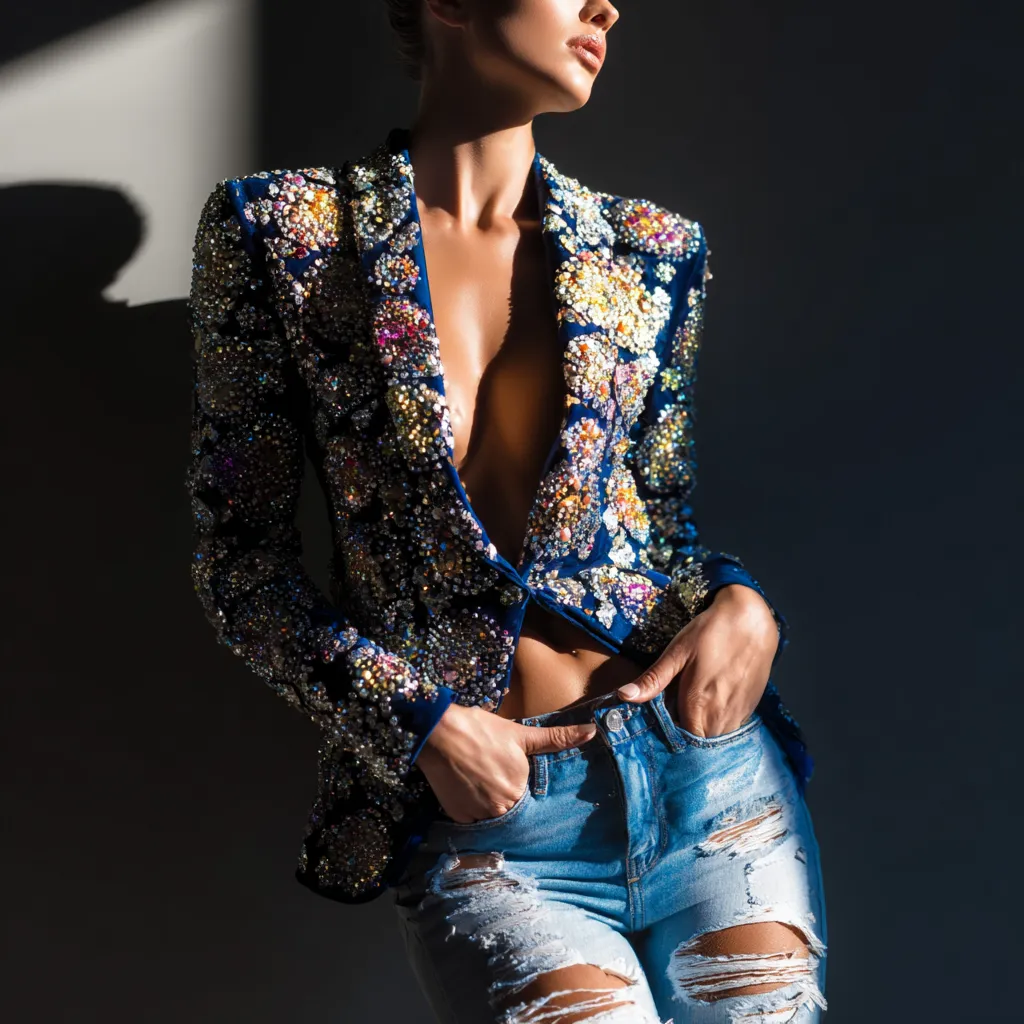 Woman wearing luxury blazer and affordable jeans to mix high and low fashion