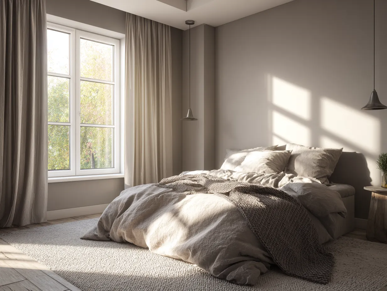 Cozy bedroom with warm taupe tones