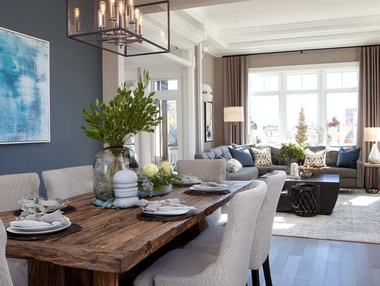 Living and dining room in taupe and blue grey