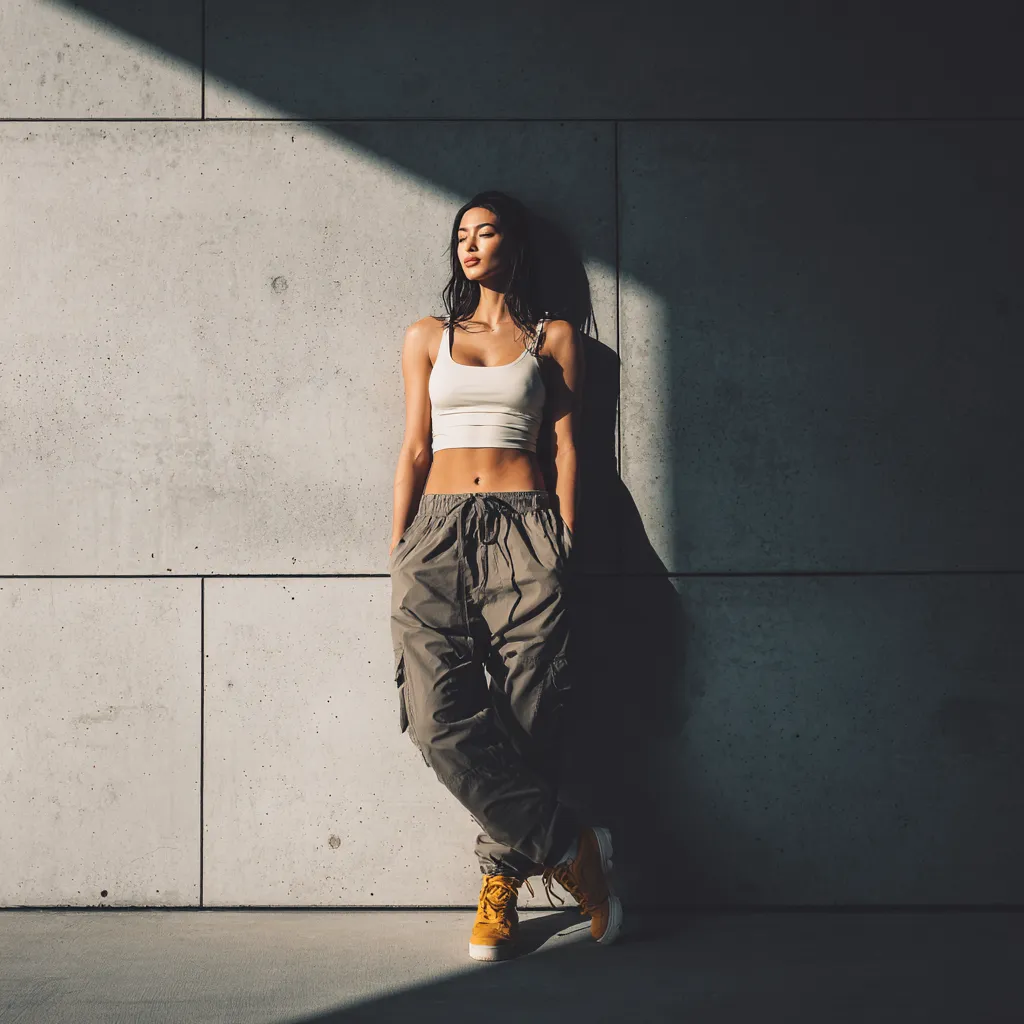 Bright high contrast outfit photography against concrete