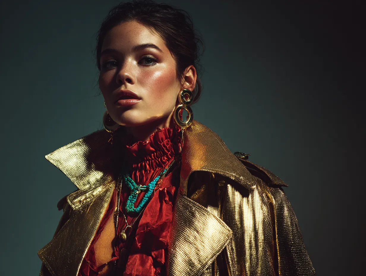 Bold fashion aesthetics with heavy layering and crimson blouse