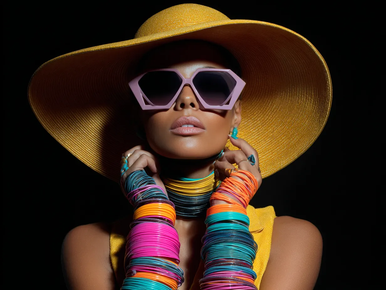 Eclectic wardrobe choices highlighted by colorful resin bangles