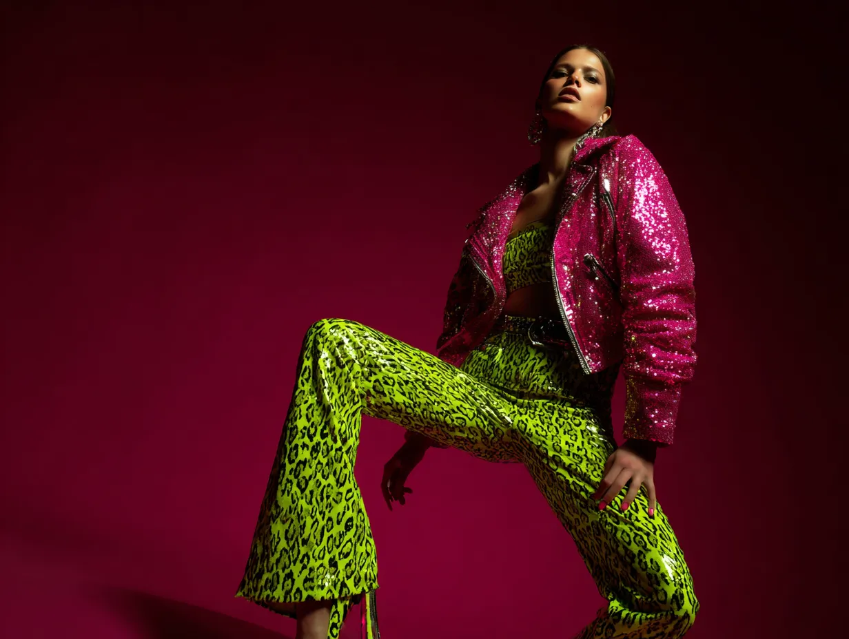 Vibrant outfit mixing with neon green pants and pink jacket