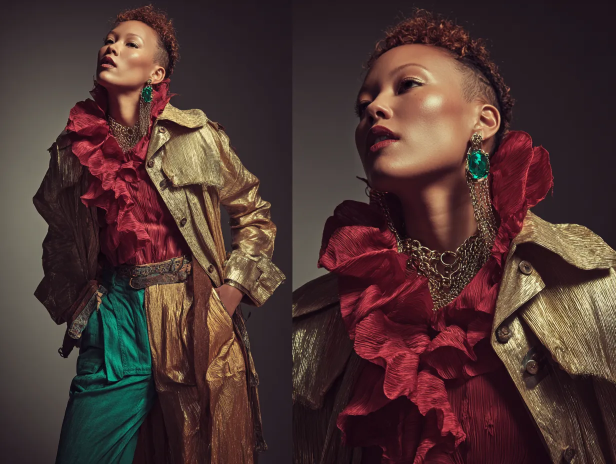 Eclectic wardrobe choices featuring a gold metallic trench coat