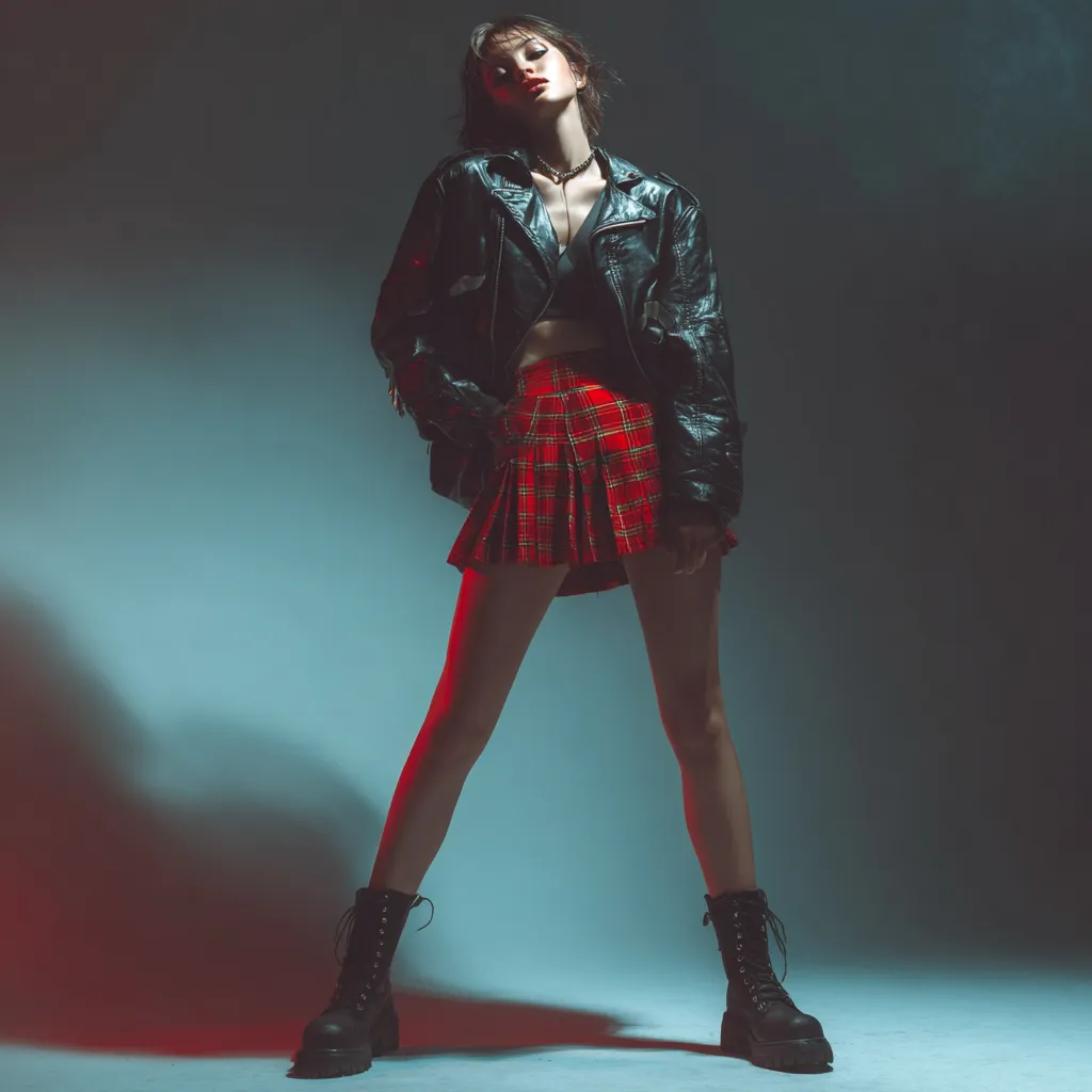 Leather jacket and plaid skirt outfit inspiration
