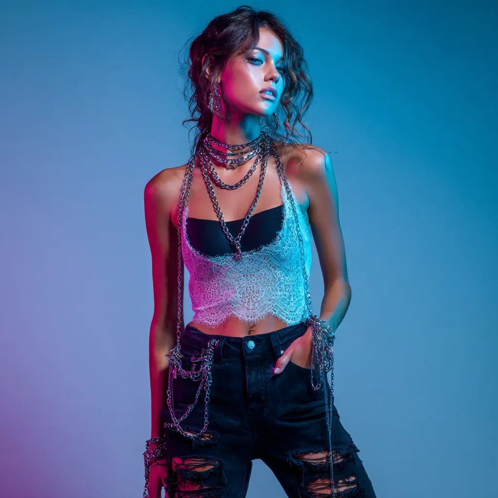 High contrast modeling of rebellious daily fashion aesthetics