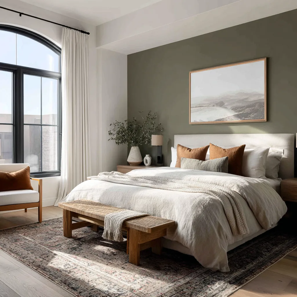 Earth tone bedroom styling featuring green and beige hues