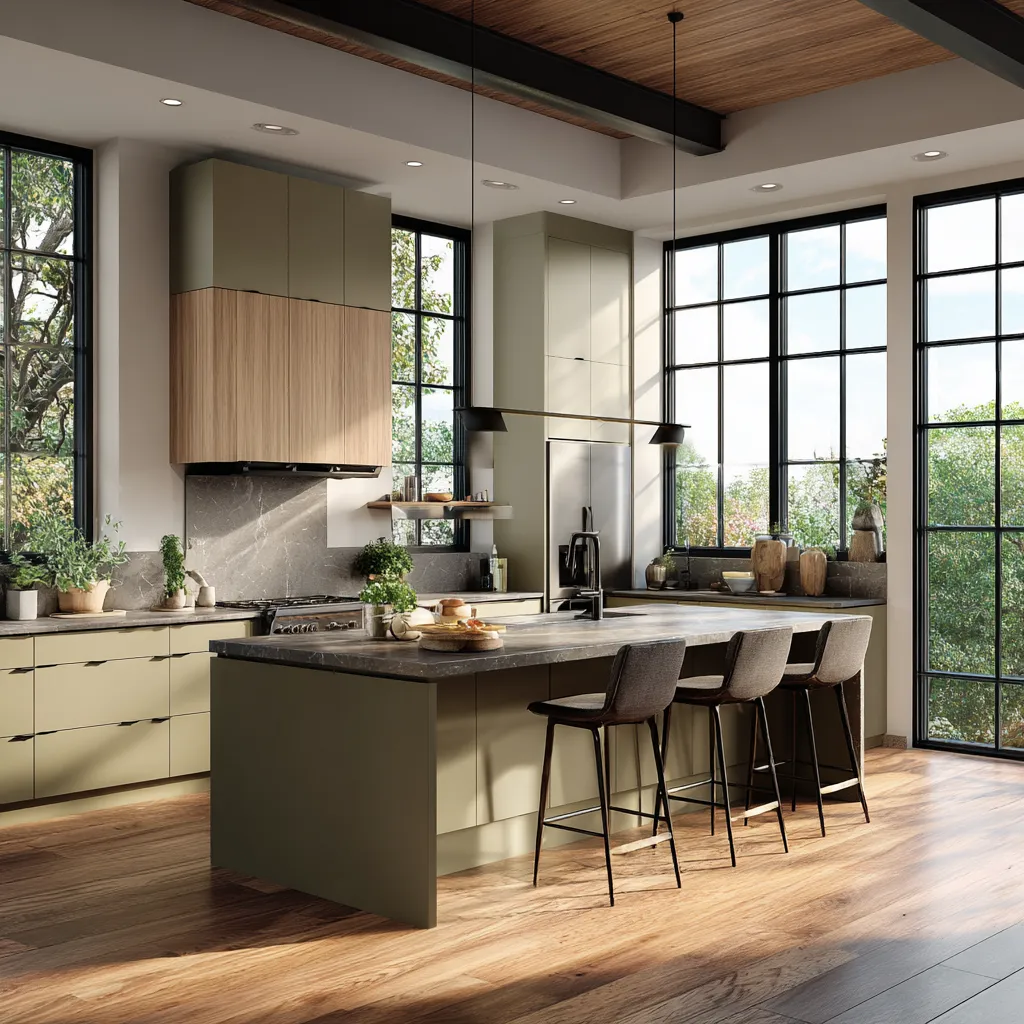 Warm neutral organic modern kitchen design with natural light