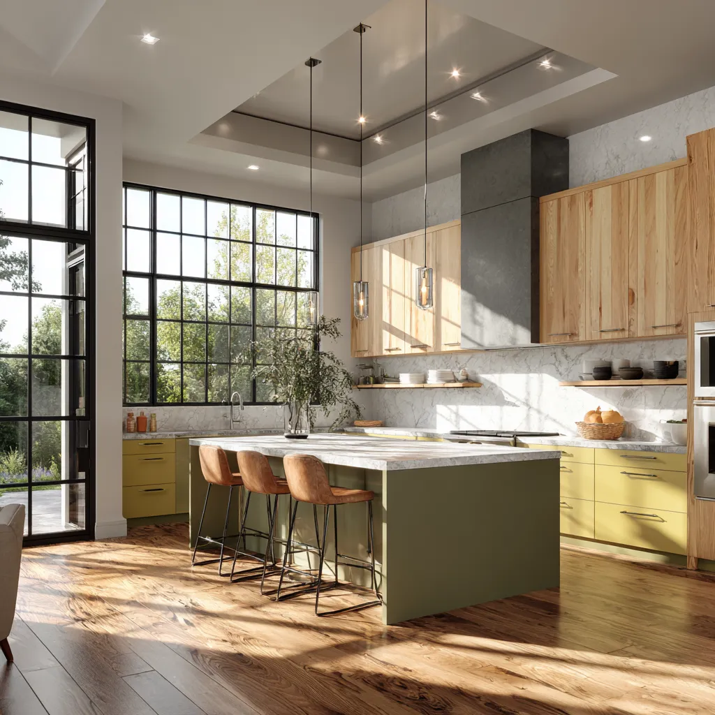 Muted olive island centerpiece in contemporary earthy kitchen