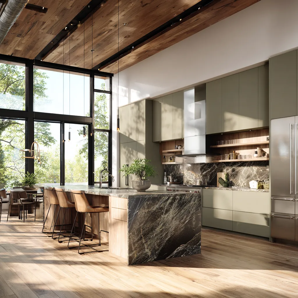 Bright high contrast culinary space with green and beige tones