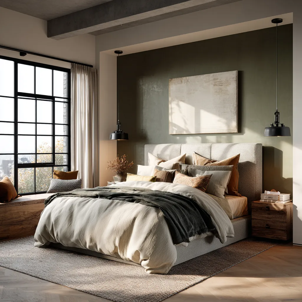 Muted olive accent wall in a bright earthy sleeping space