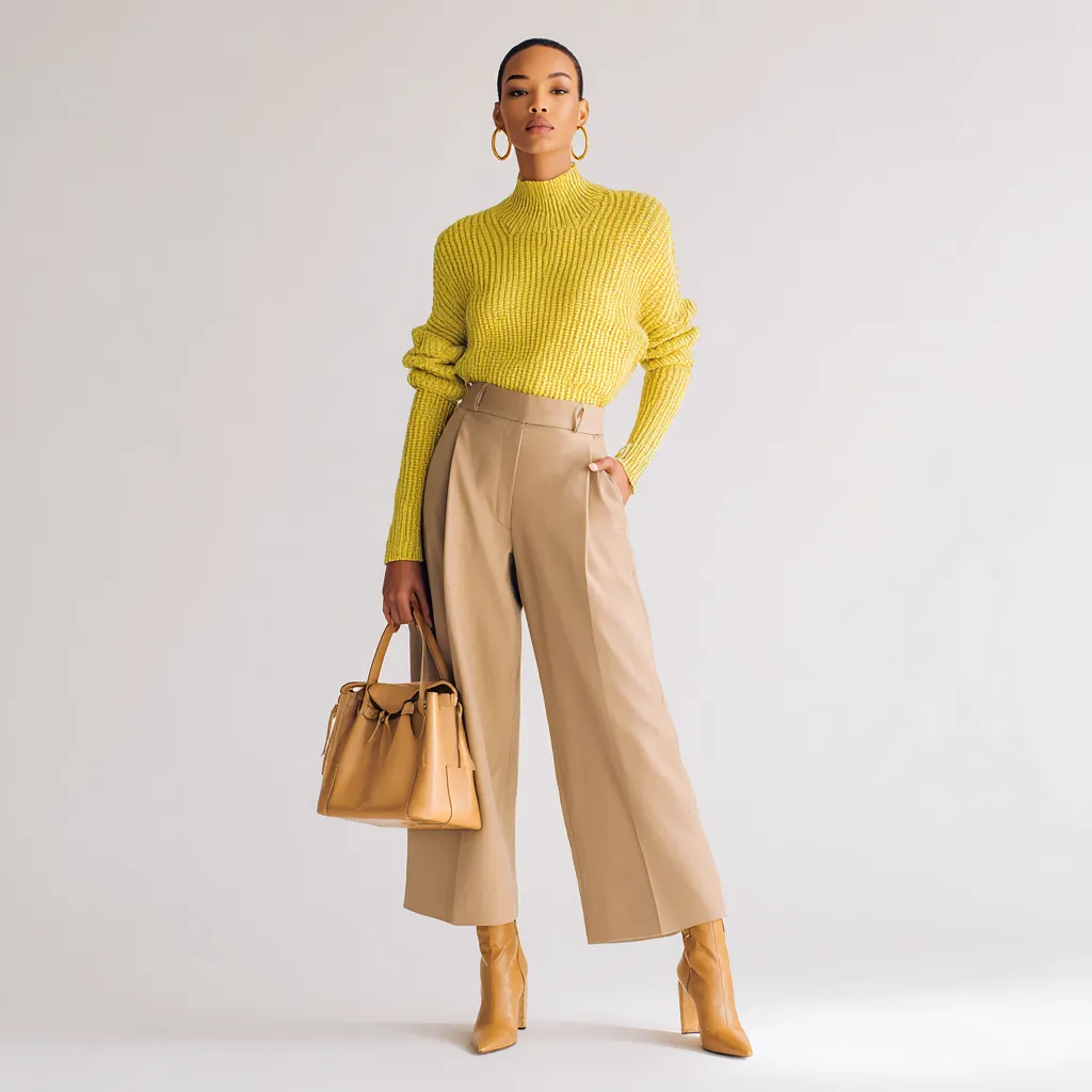 Butter yellow sweater with camel trousers and tan boots for an expensive looking outfit