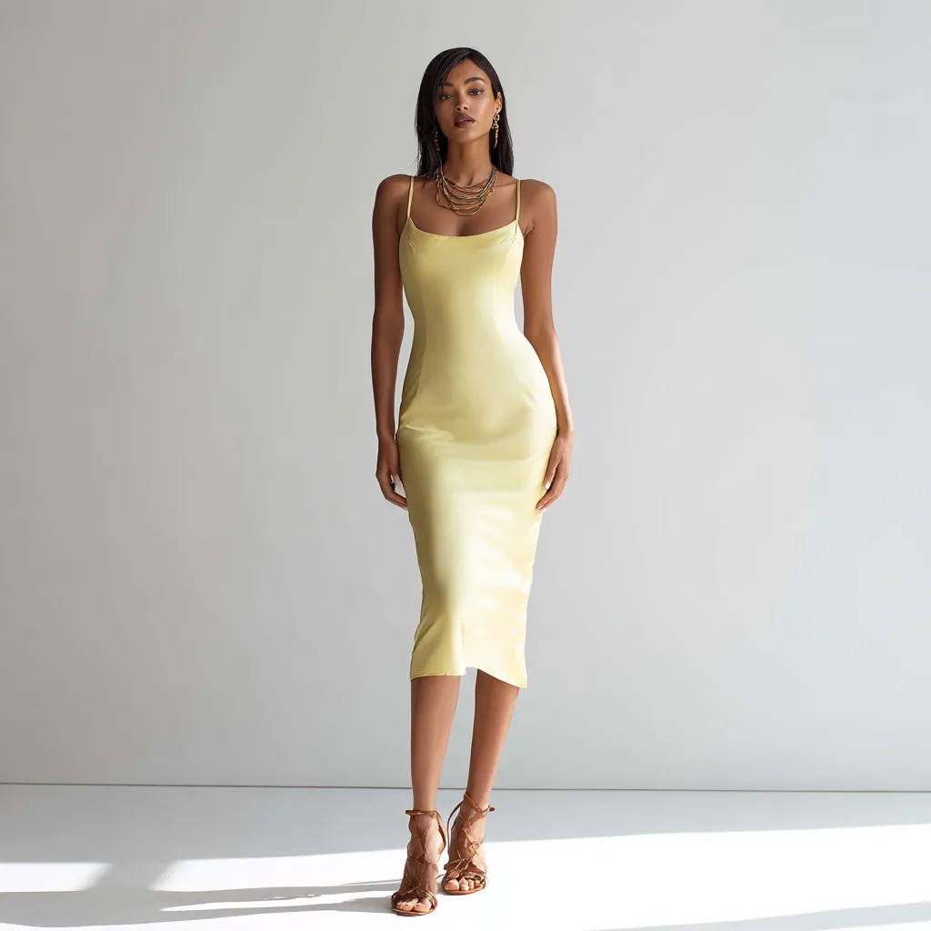 Light yellow satin dress outfit ideas for women with warm skin tones