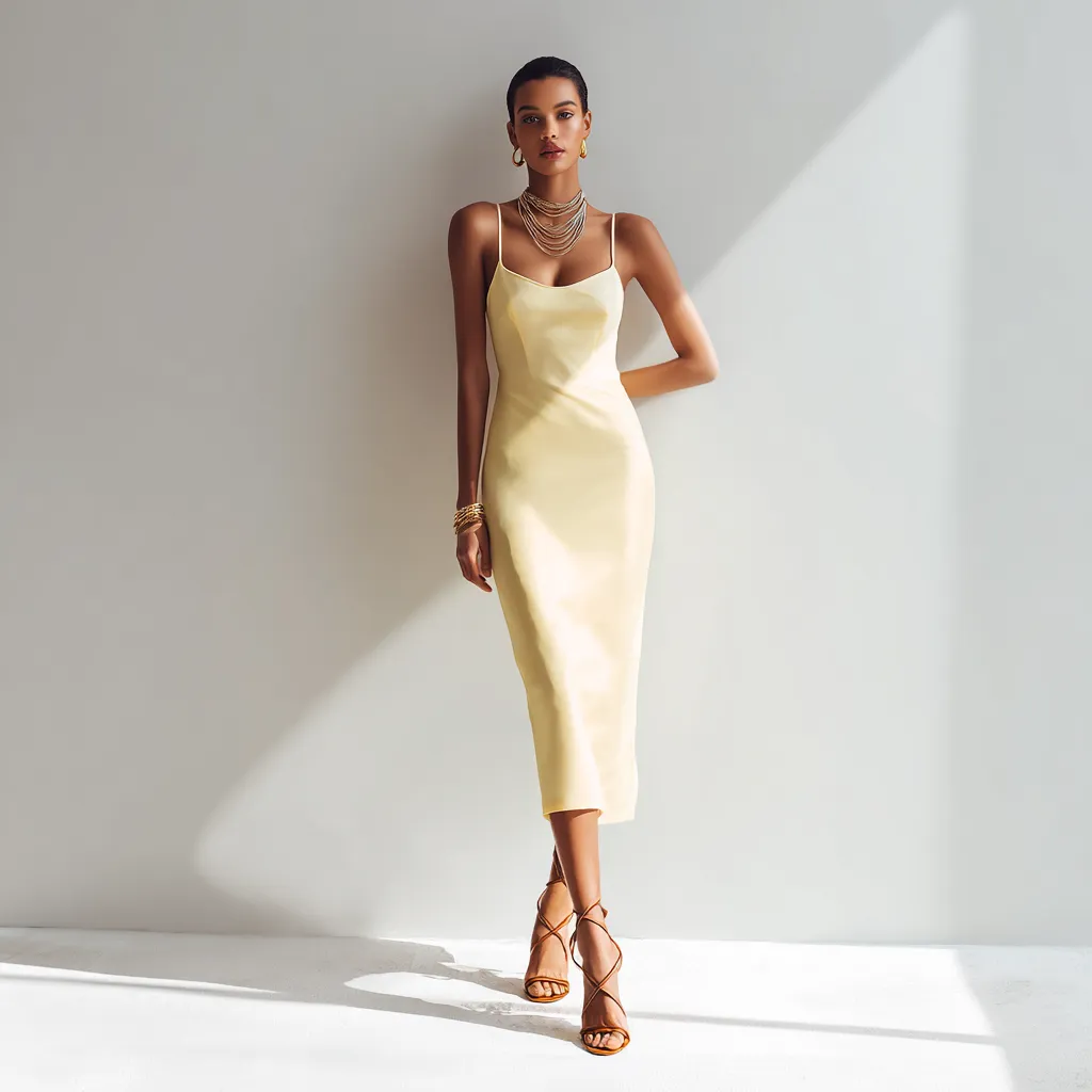 Pale yellow slip dress outfit with brown sandals and gold jewelry for summer